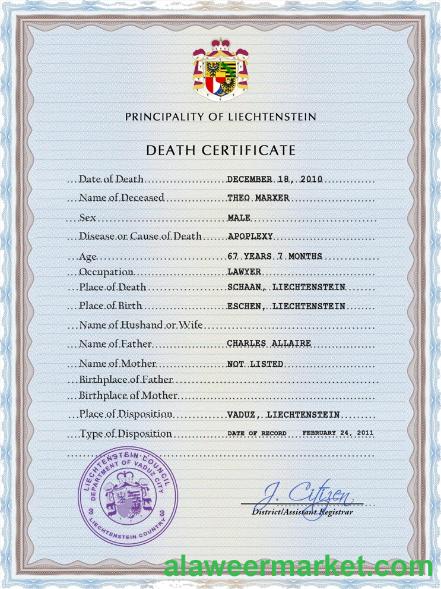 Liechtenstein vital record death certificate PSD template